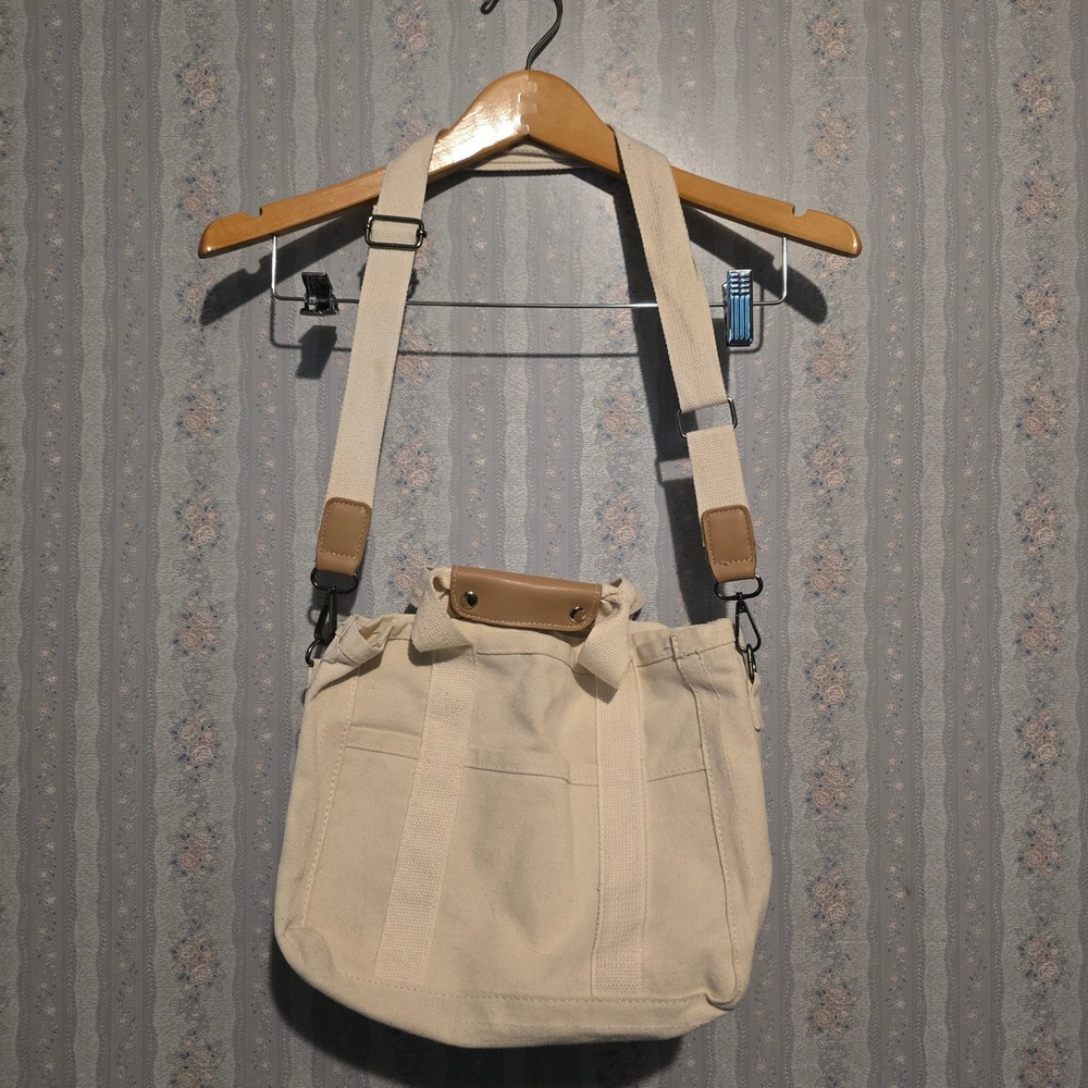 Canvas Tote Medium Crossbody Bag Unisex Cream Minimalist Multi-Pocket